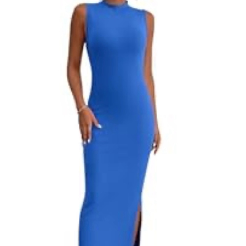 Blue Maxi Bodycon Dress with Mock Neck